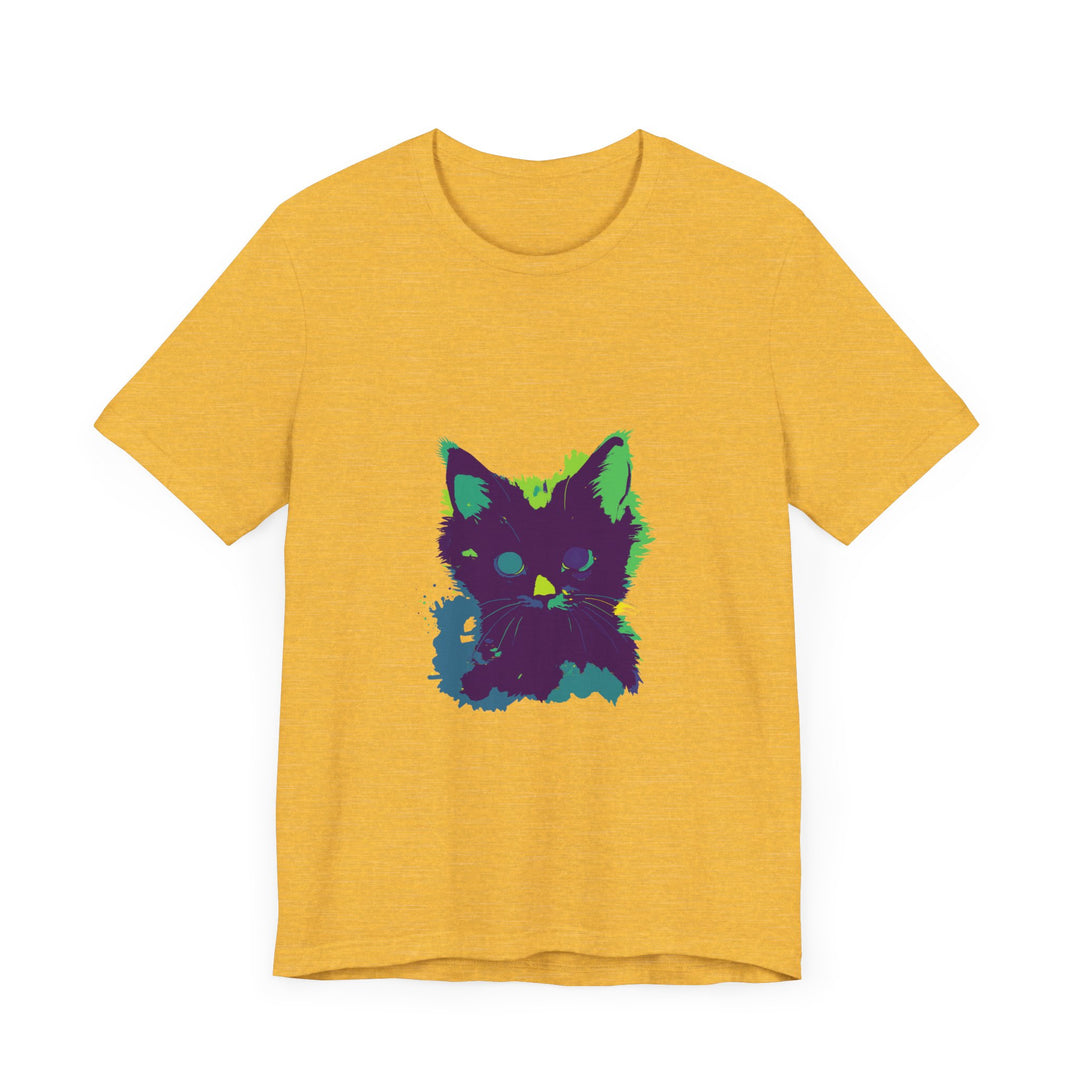 A stylish black t-shirt with a neon illustration of a mysterious cat