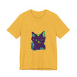 A stylish black t-shirt with a neon illustration of a mysterious cat