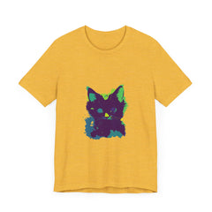 A stylish black t-shirt with a neon illustration of a mysterious cat