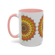 Colorful and vibrant mandala pattern on a grey ceramic mug