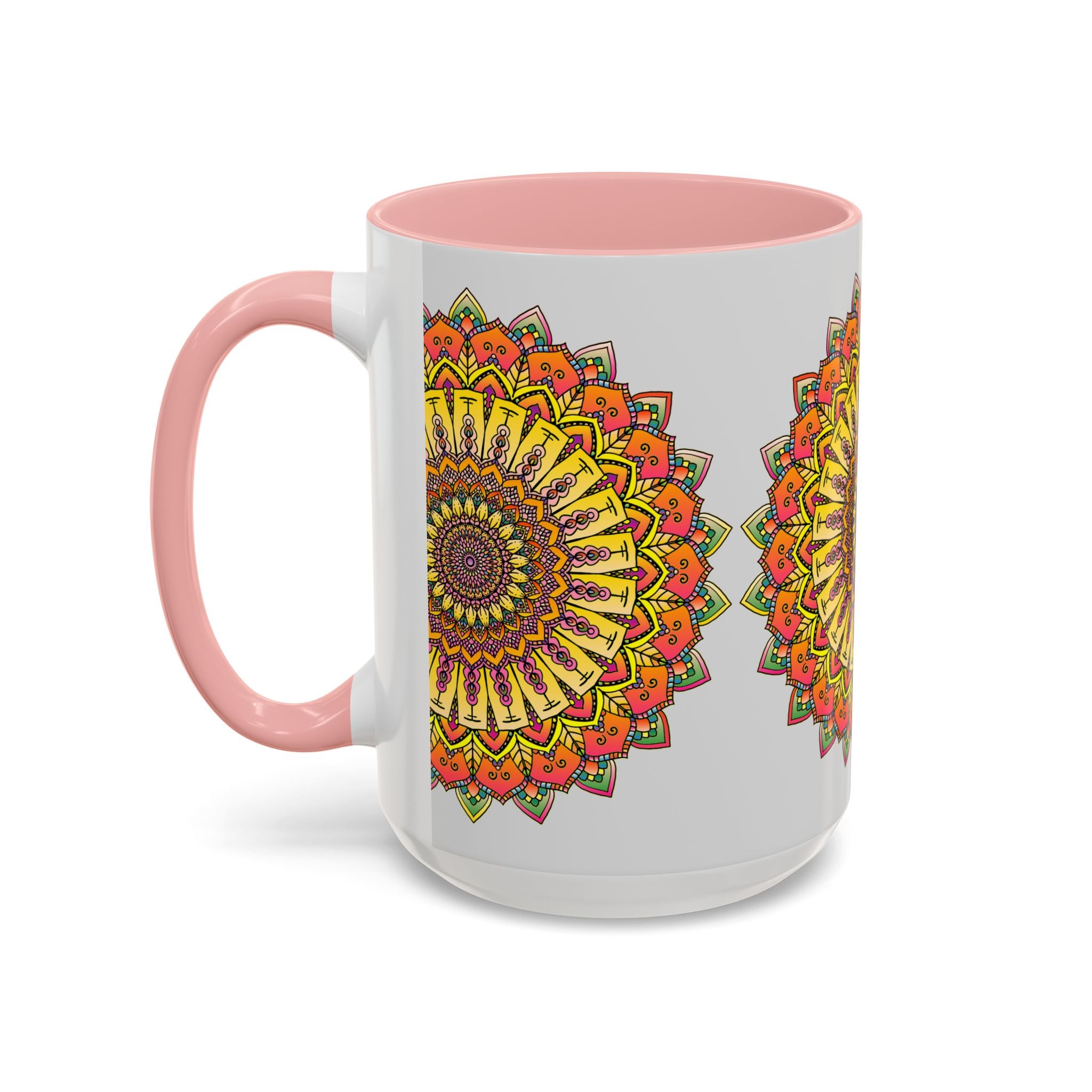 Colorful and vibrant mandala pattern on a grey ceramic mug