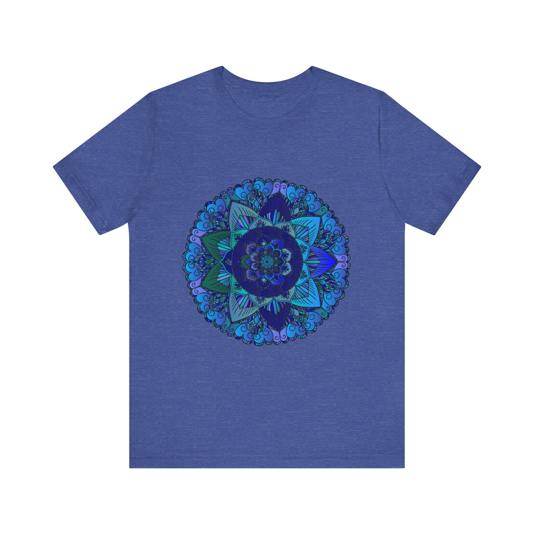 Dark blue and green mandala t-shirt featuring spiritual art design for men and women