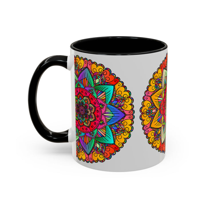 A vibrant and detailed mandala art mug with an intricate and colorful design