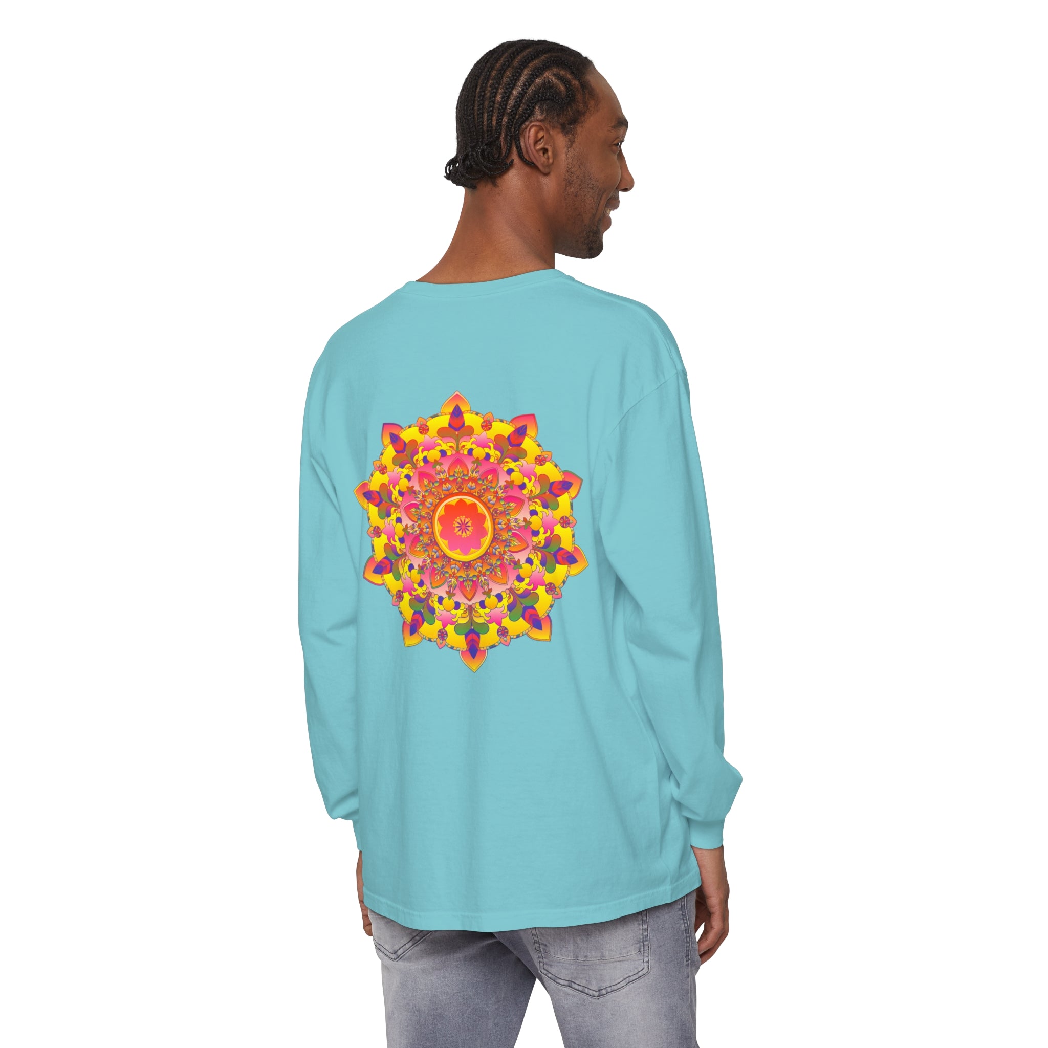 Colorful and intricate mandala design long sleeve unisex t-shirt on display