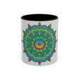 Vibrant and detailed mandala art mug featuring a colorful floral design