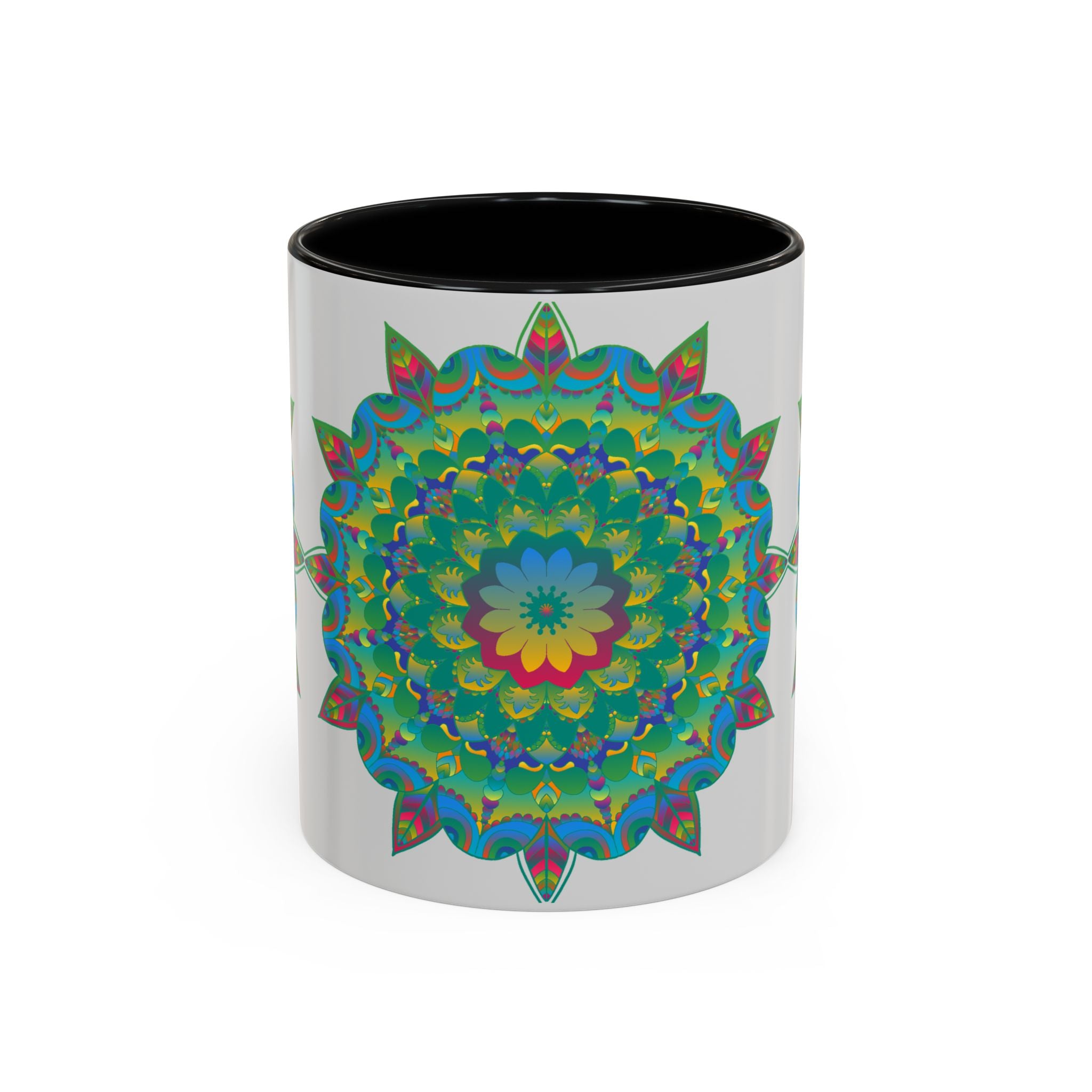 Vibrant and detailed mandala art mug featuring a colorful floral design