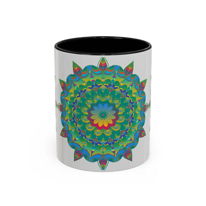 Vibrant and detailed mandala art mug featuring a colorful floral design