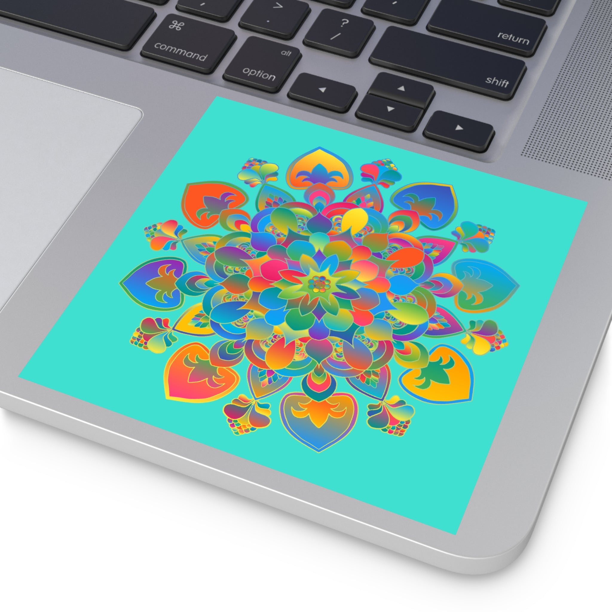 Handgezeichnete Mandala-Laminieraufkleber – Gold, Rot und Grün auf Türkis