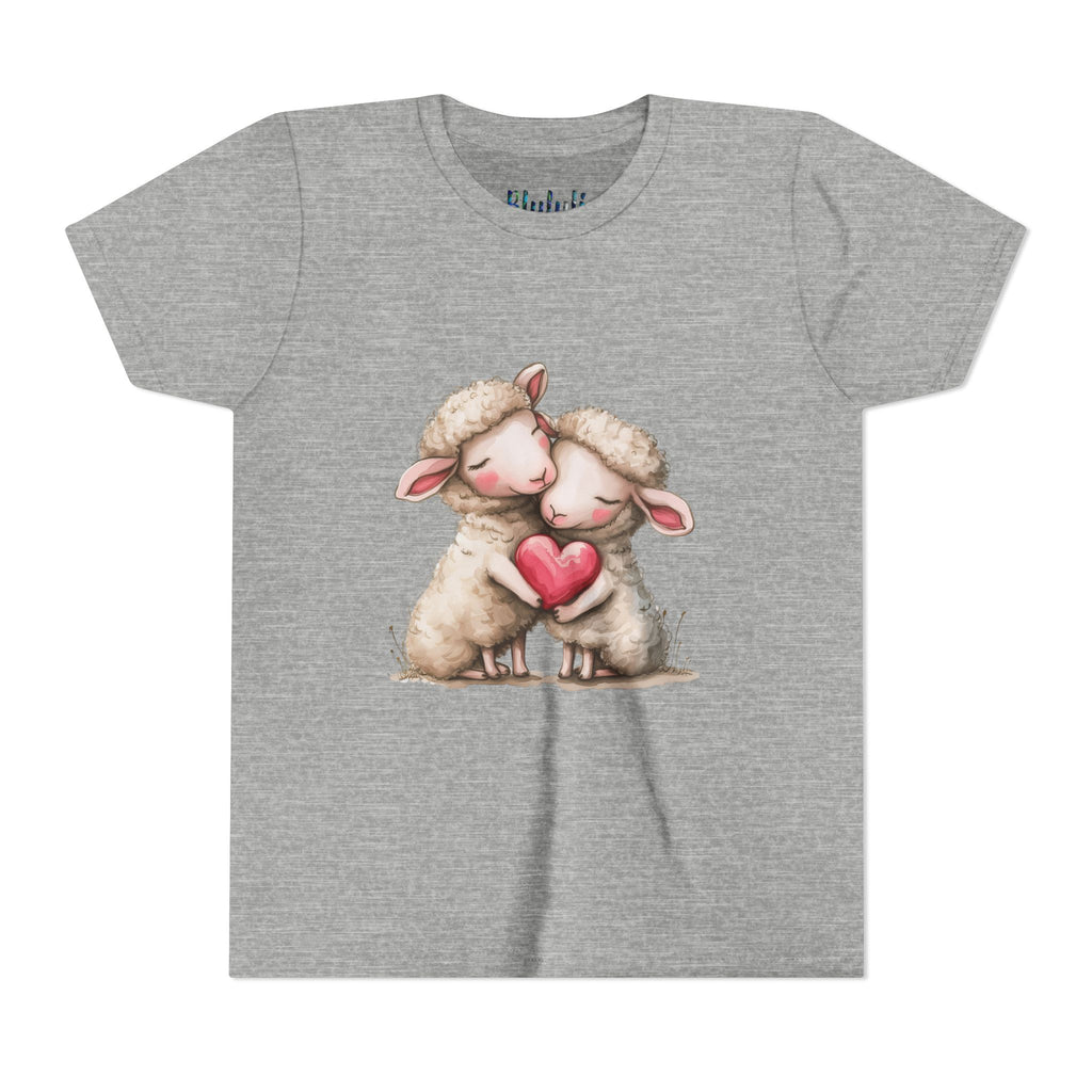 Youth Tee - Cartoon Sheeps Hugging Heart, Cute and Lovely Design