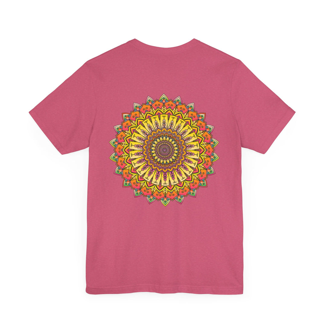 A close-up image of a vibrant mandala tee, featuring intricate patterns and bold colors, evoking a sense of peace and harmony