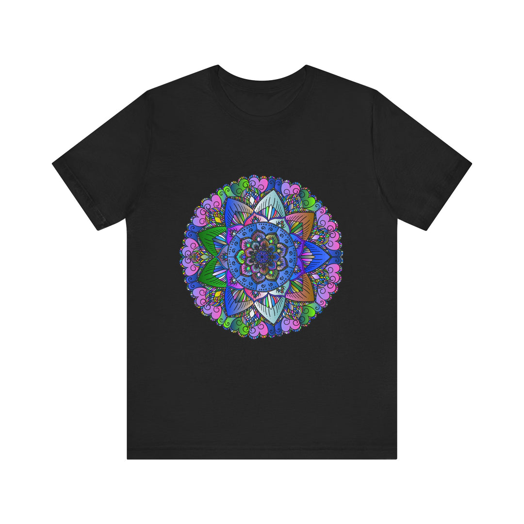 A vibrant and intricate mandala design featured on a colorful art t-shirt