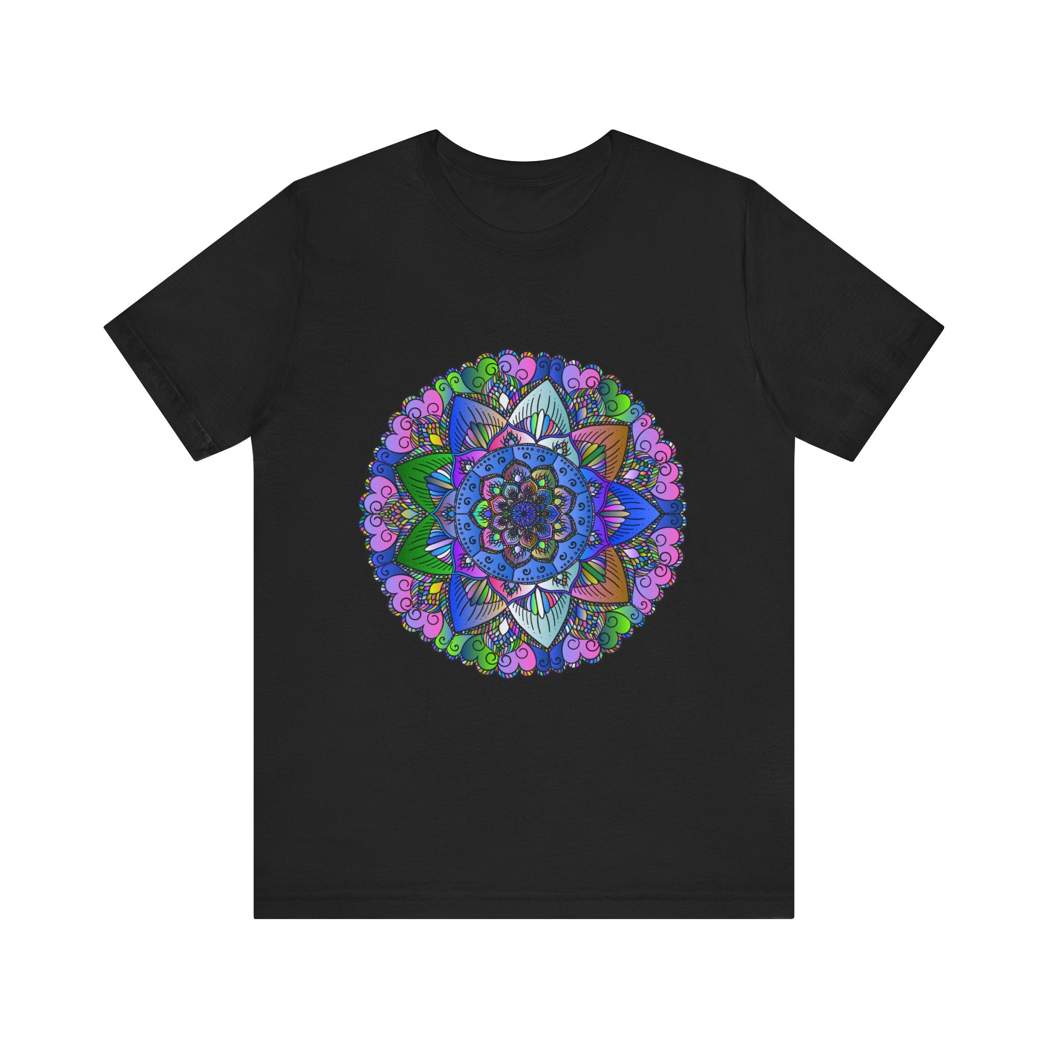 A vibrant and intricate mandala design featured on a colorful art t-shirt