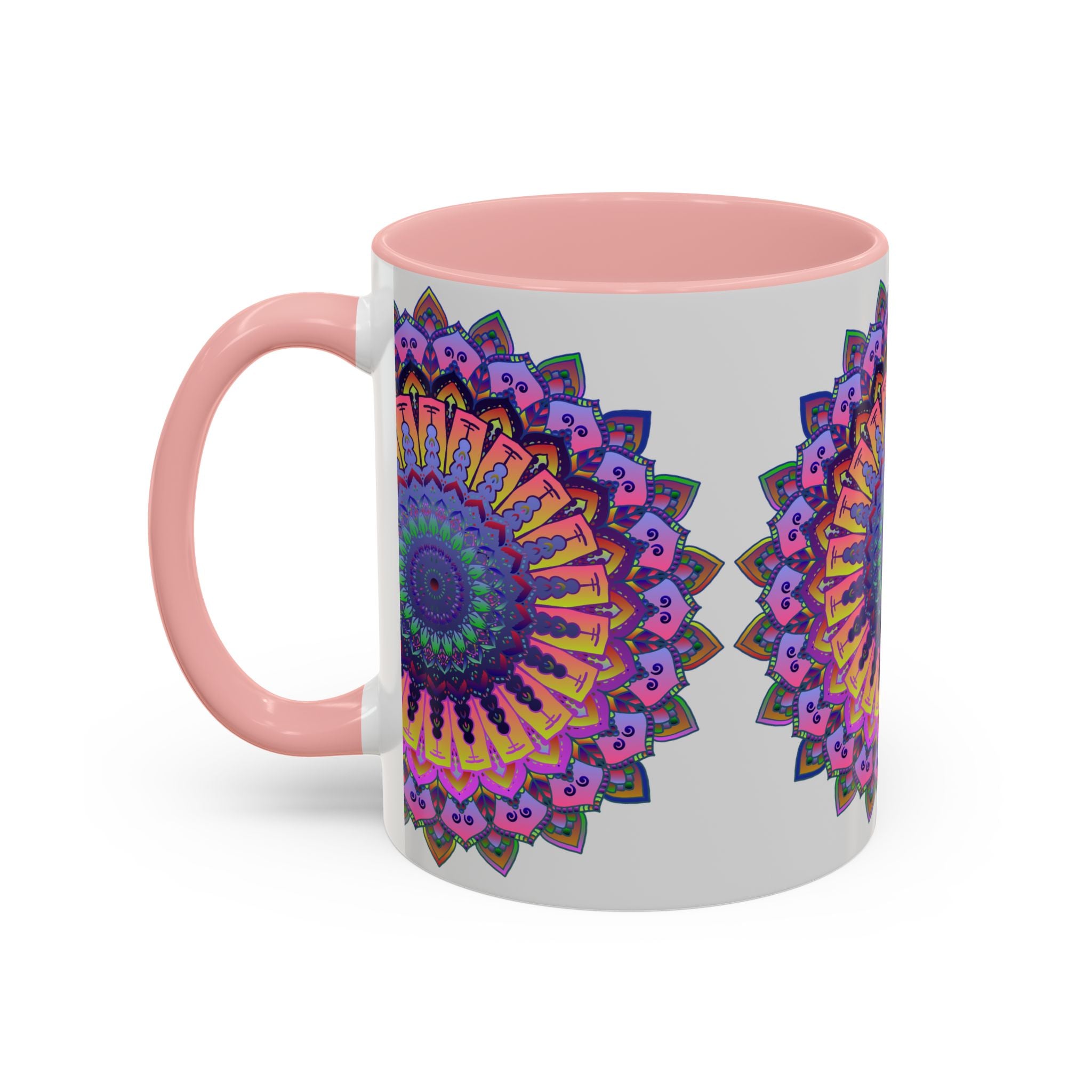 Beautiful grey ceramic mug with vibrant mandala art design, perfect for enjoying your favorite hot beverage in style