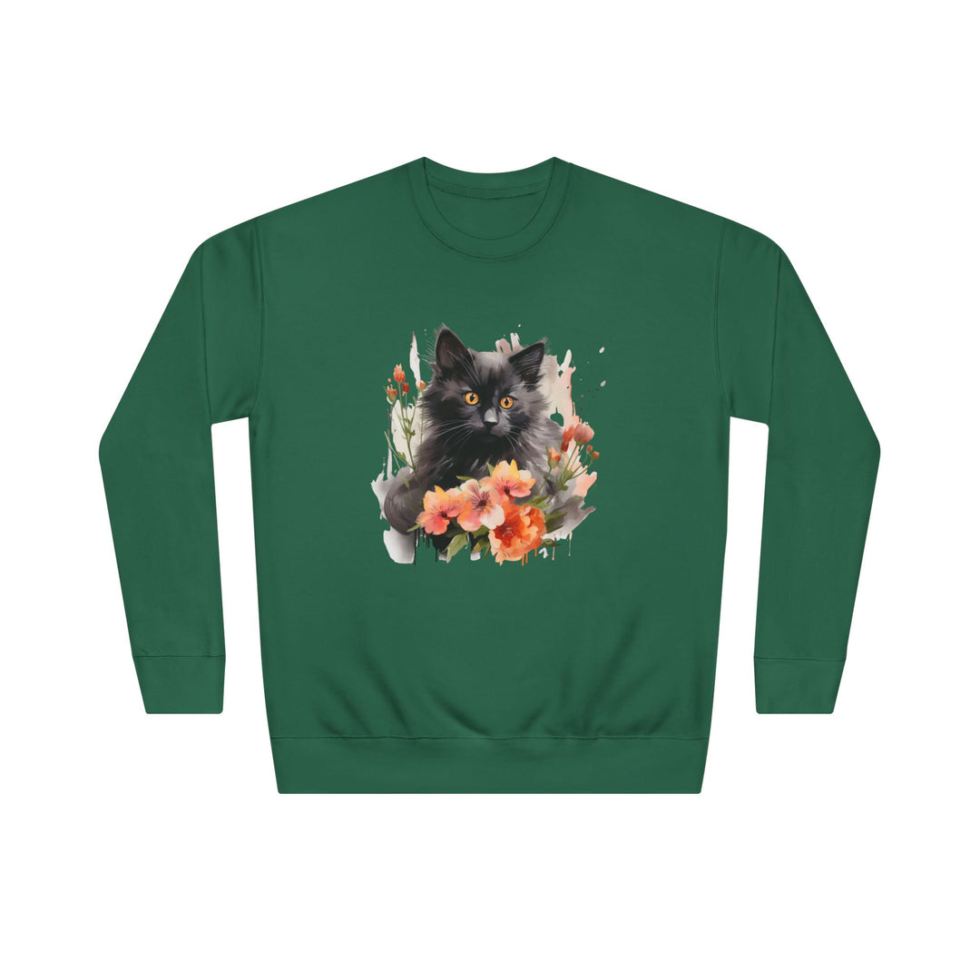 Black Cat and Blossoming Flowers Soft Cotton Sweatshirt