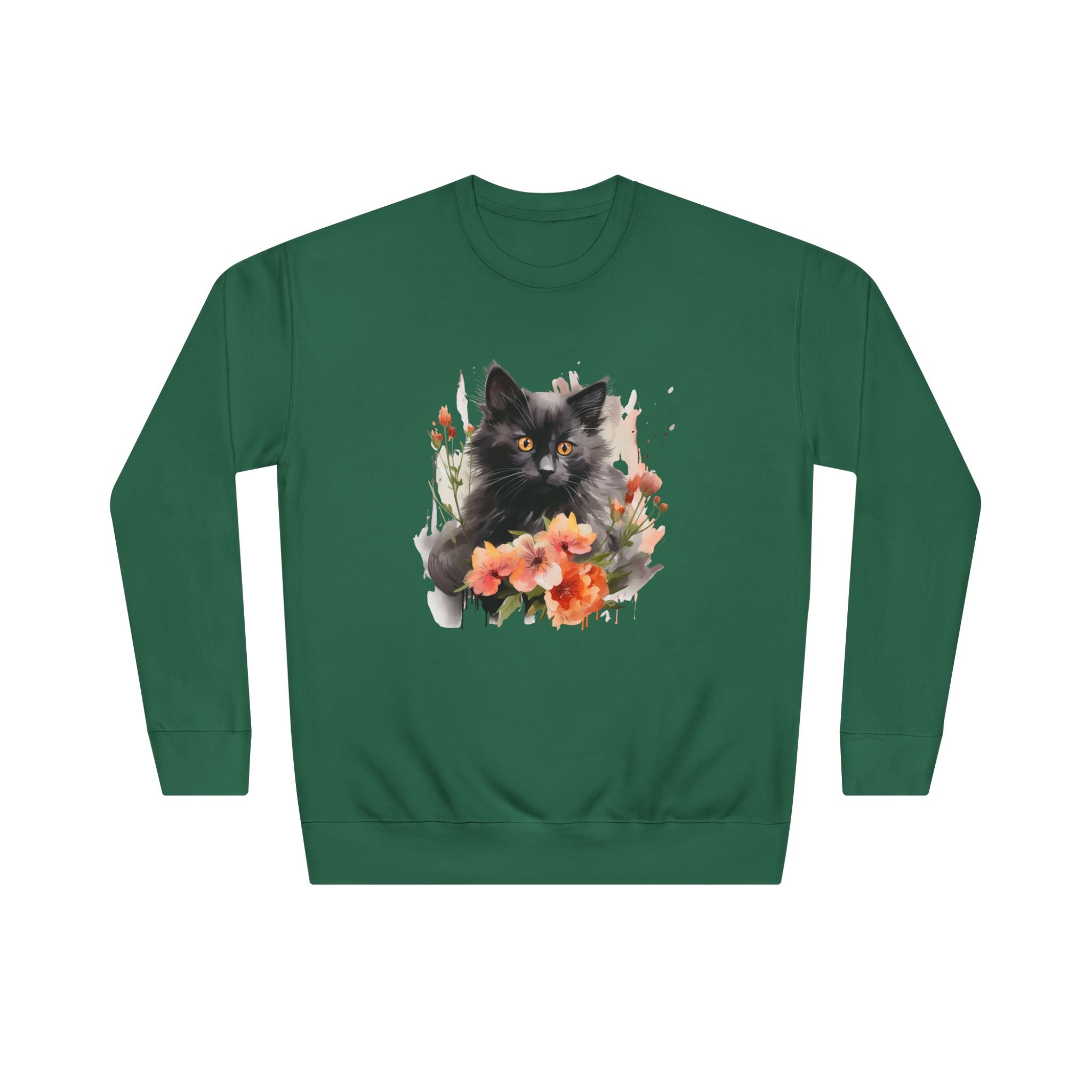 Black Cat and Blossoming Flowers Soft Cotton Sweatshirt