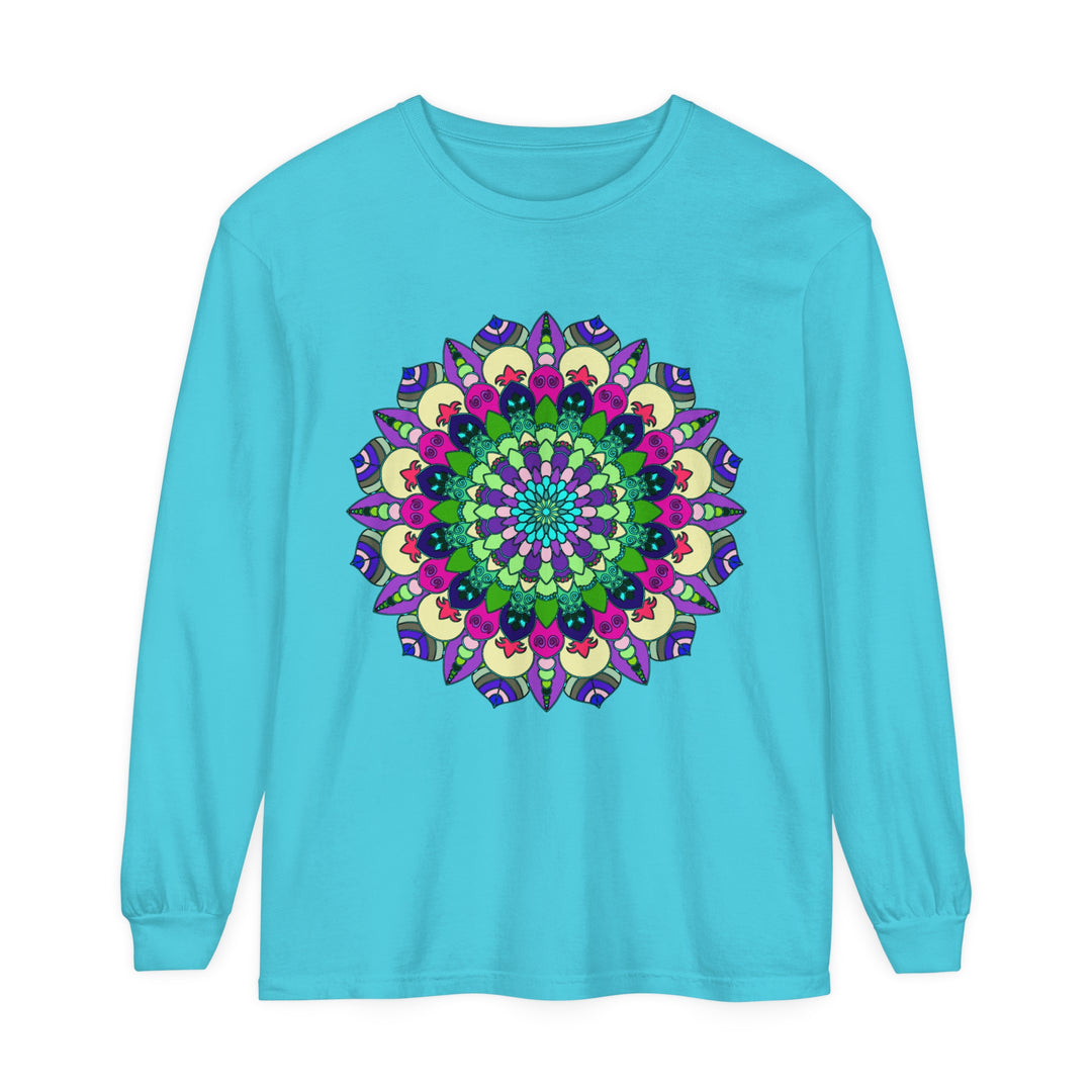 Colorful and intricate mandala design adorning a long sleeve unisex t-shirt