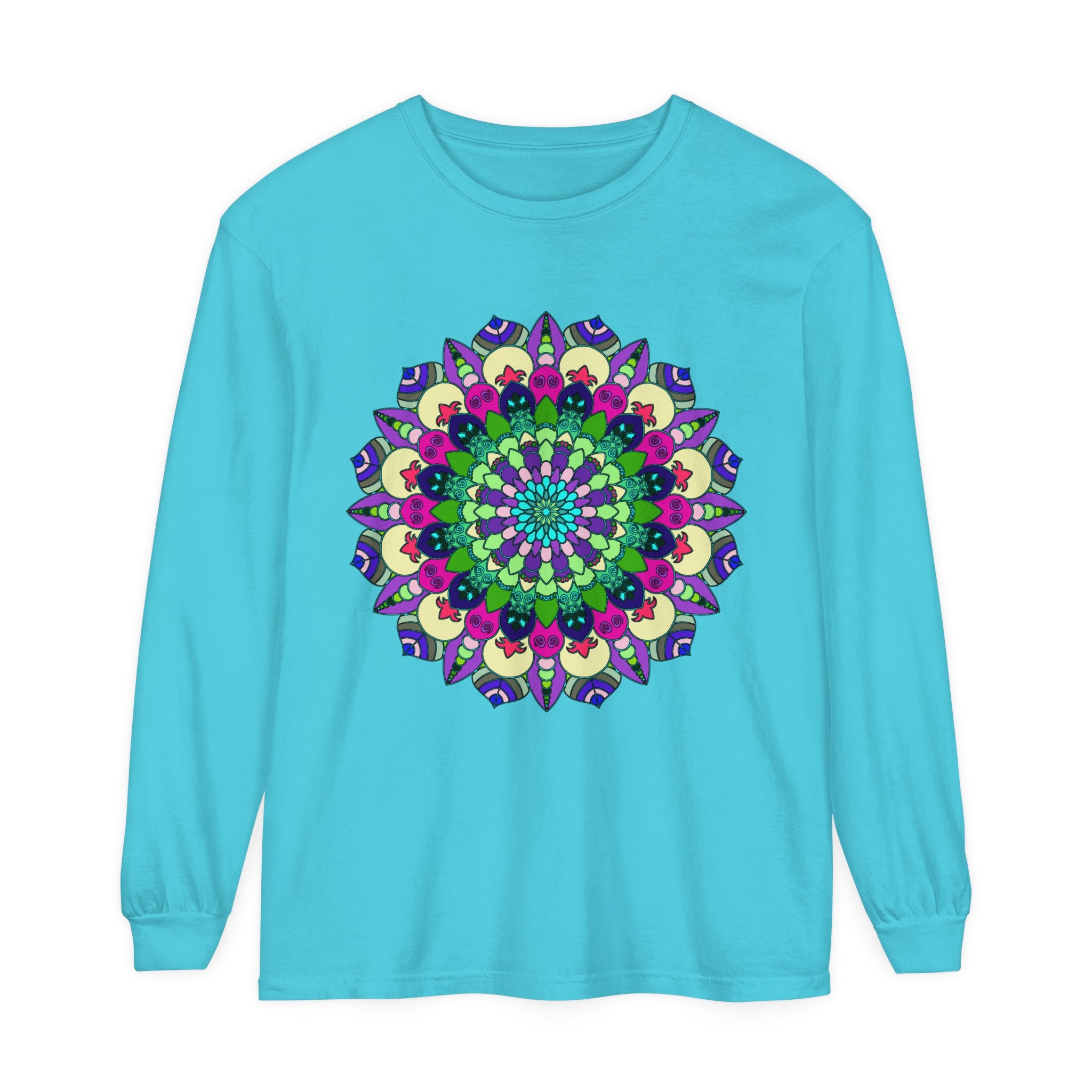 Colorful and intricate mandala design adorning a long sleeve unisex t-shirt