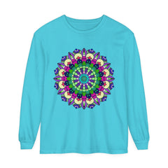 Colorful and intricate mandala design adorning a long sleeve unisex t-shirt