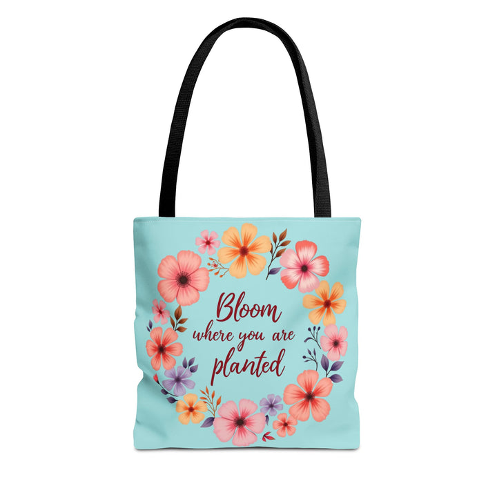 Large, medium, and small floral tote bags with 'Bloom Where You Are Planted' design