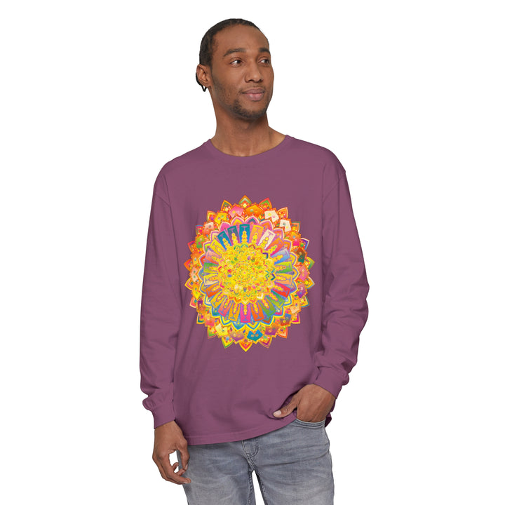 Intricate Mandala Unisex Long Sleeve T-Shirt featuring detailed mandala design in vibrant colors