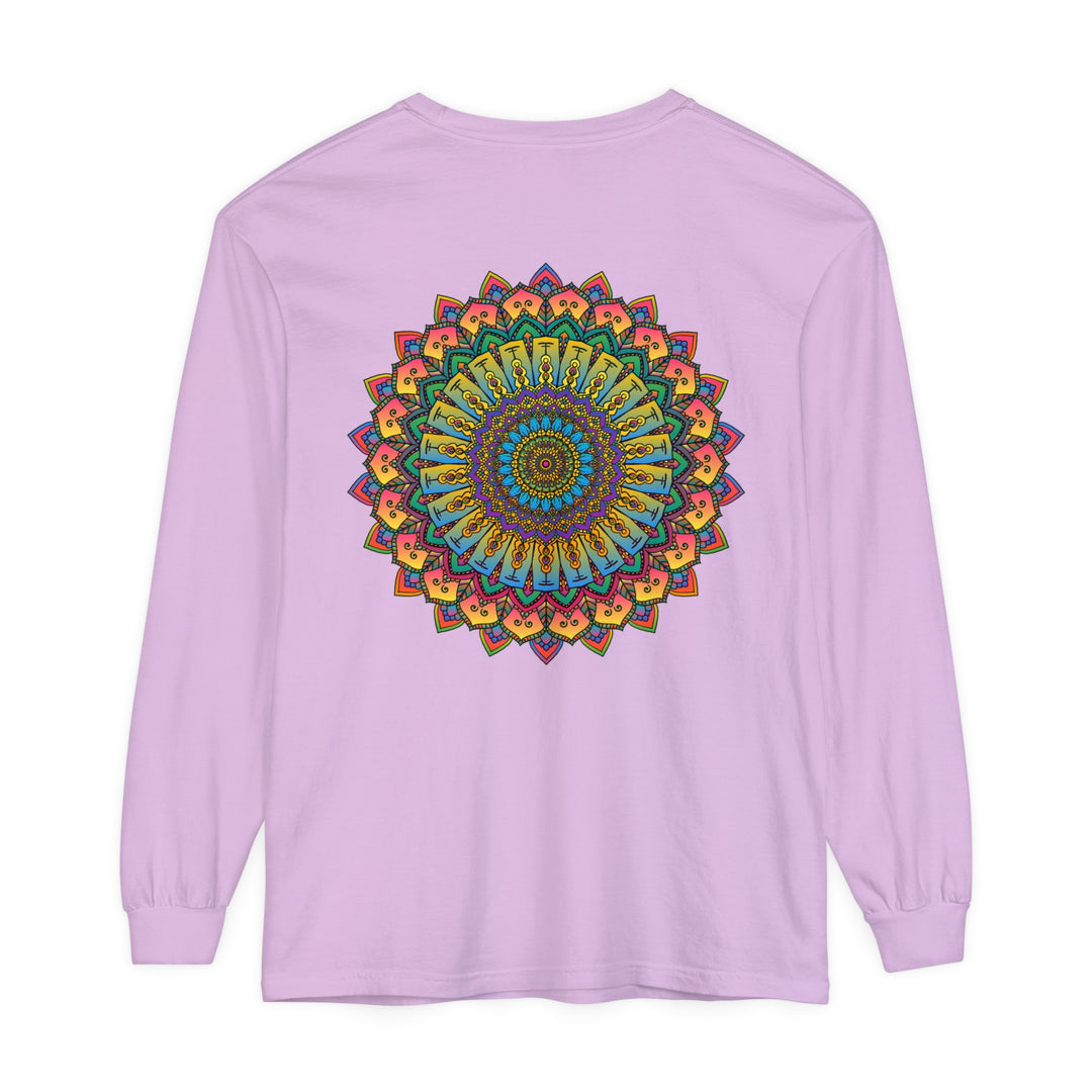 Colorful and detailed mandala design on a unisex long sleeve t-shirt