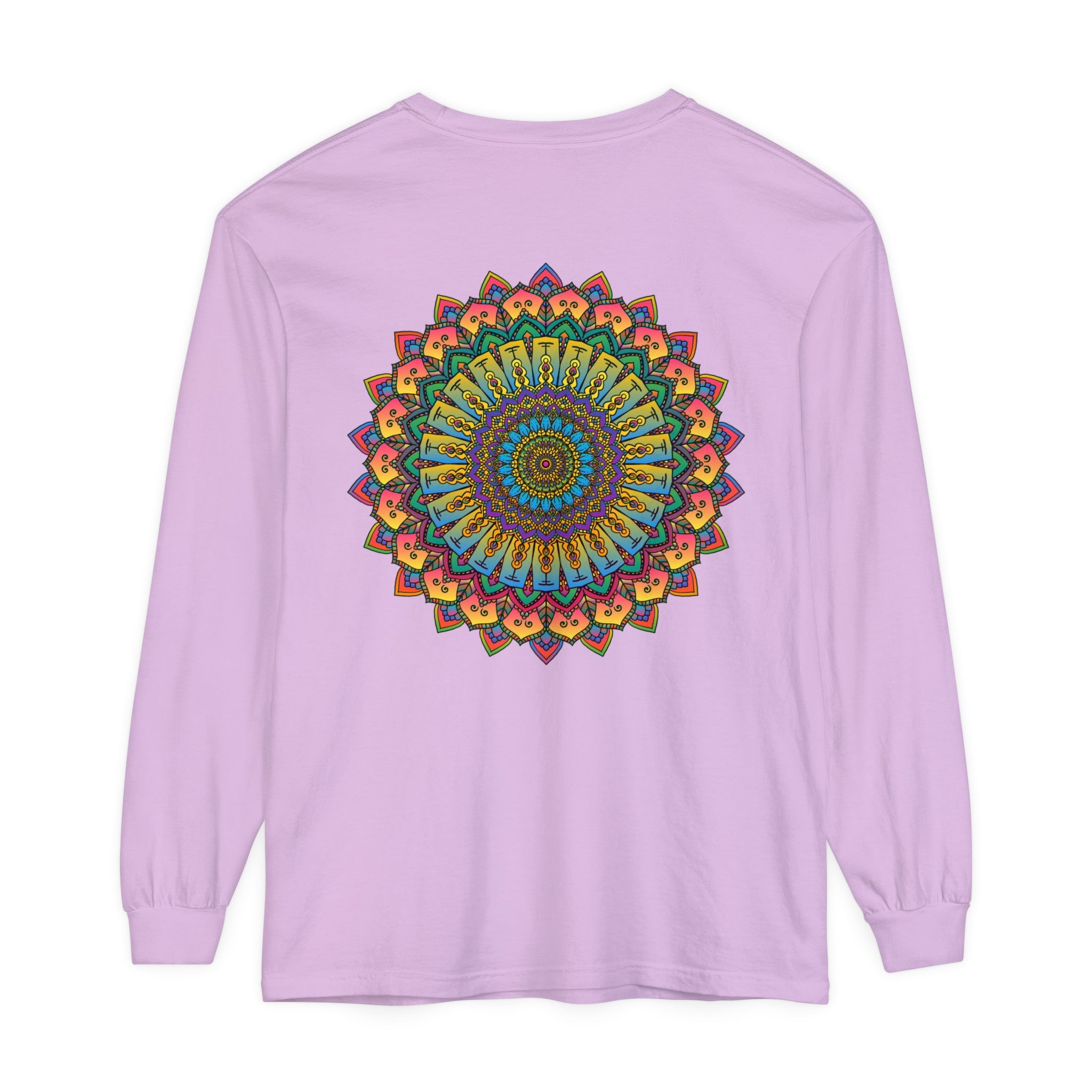 Colorful and detailed mandala design on a unisex long sleeve t-shirt