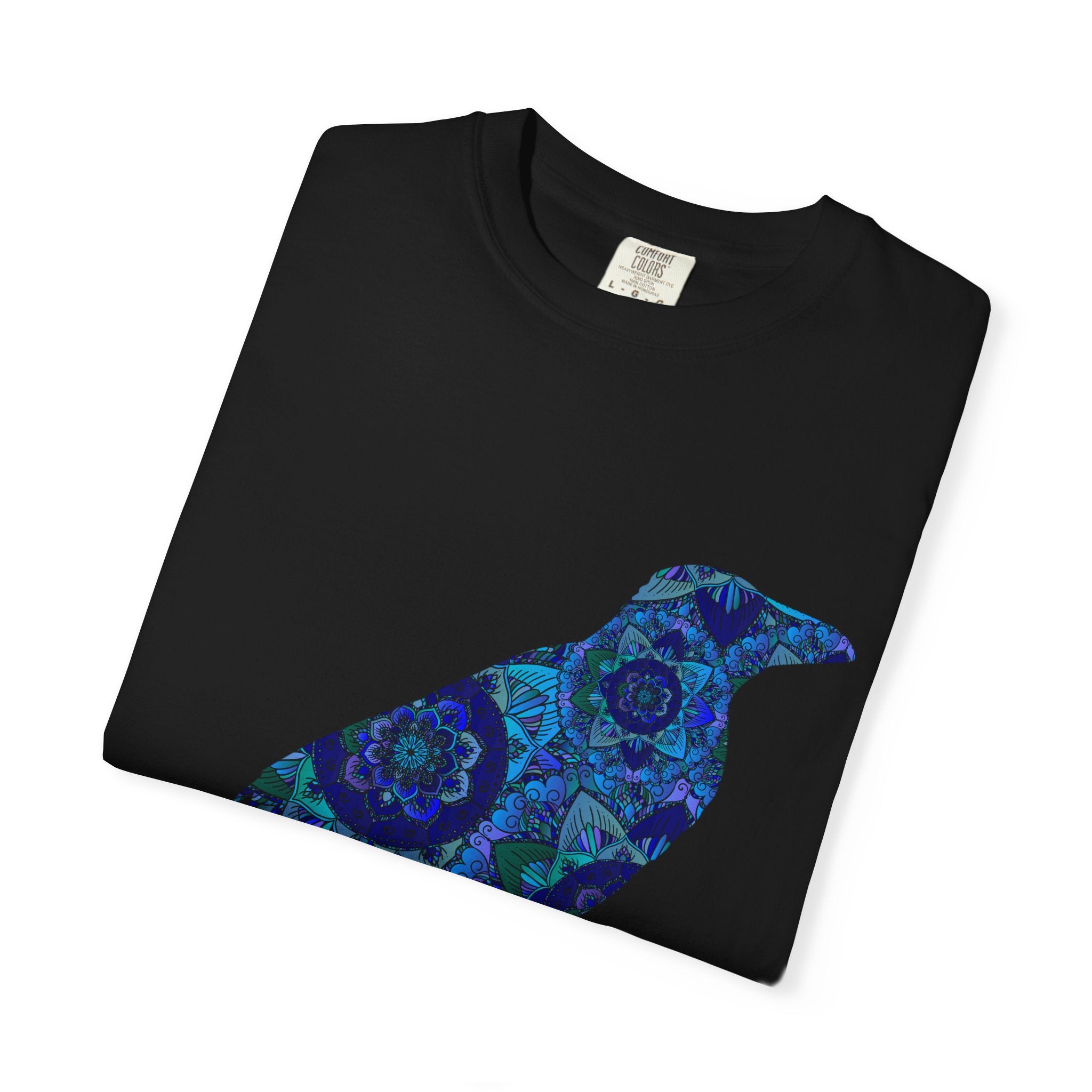 Maglietta con stampa corvo mandala blu — Maglietta grafica con corvo Inner Protection