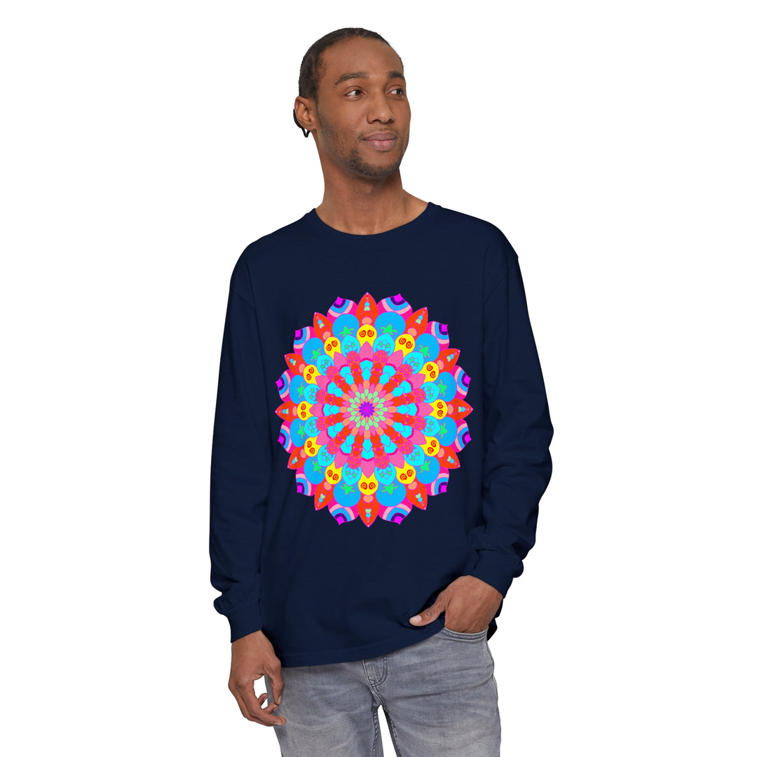 A close-up image of a vibrant and intricate mandala design on a unisex long sleeve t-shirt in multiple colors