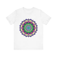 Close-up view of a vibrant mandala tee featuring a colorful and intricate design, perfect for adding a pop of energy to any outfit