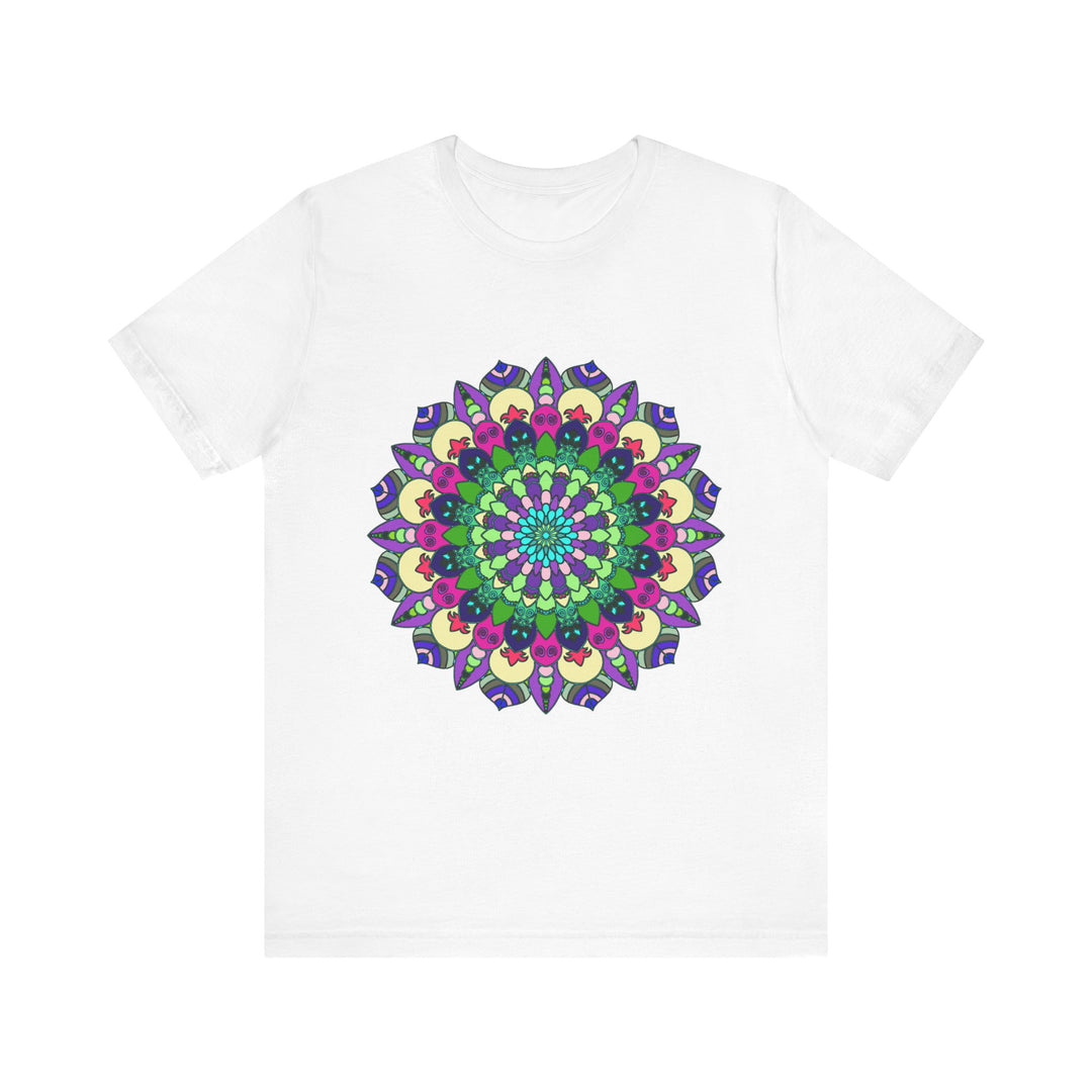 Close-up view of a vibrant mandala tee featuring a colorful and intricate design, perfect for adding a pop of energy to any outfit