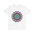 Close-up view of a vibrant mandala tee featuring a colorful and intricate design, perfect for adding a pop of energy to any outfit