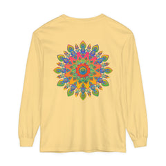 Colorful and intricate mandala design on a unisex long sleeve t-shirt