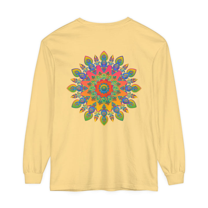 Colorful and intricate mandala design on a unisex long sleeve t-shirt