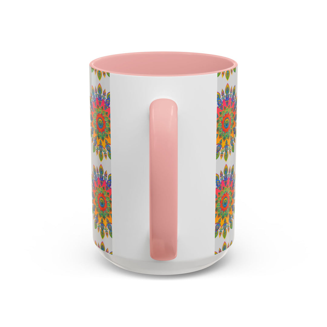 Colorful mandala pattern with intricate details on a grey ceramic mug