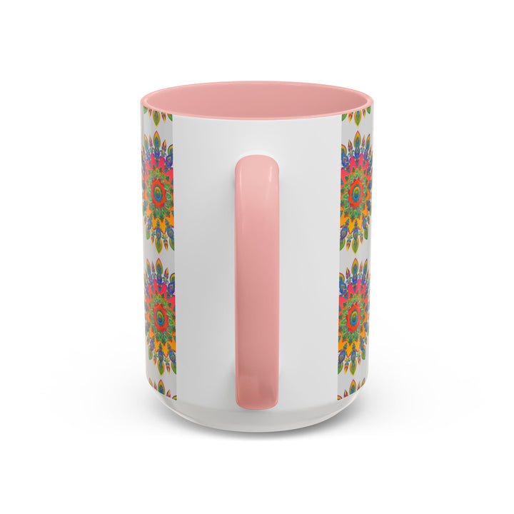 Colorful mandala pattern with intricate details on a grey ceramic mug