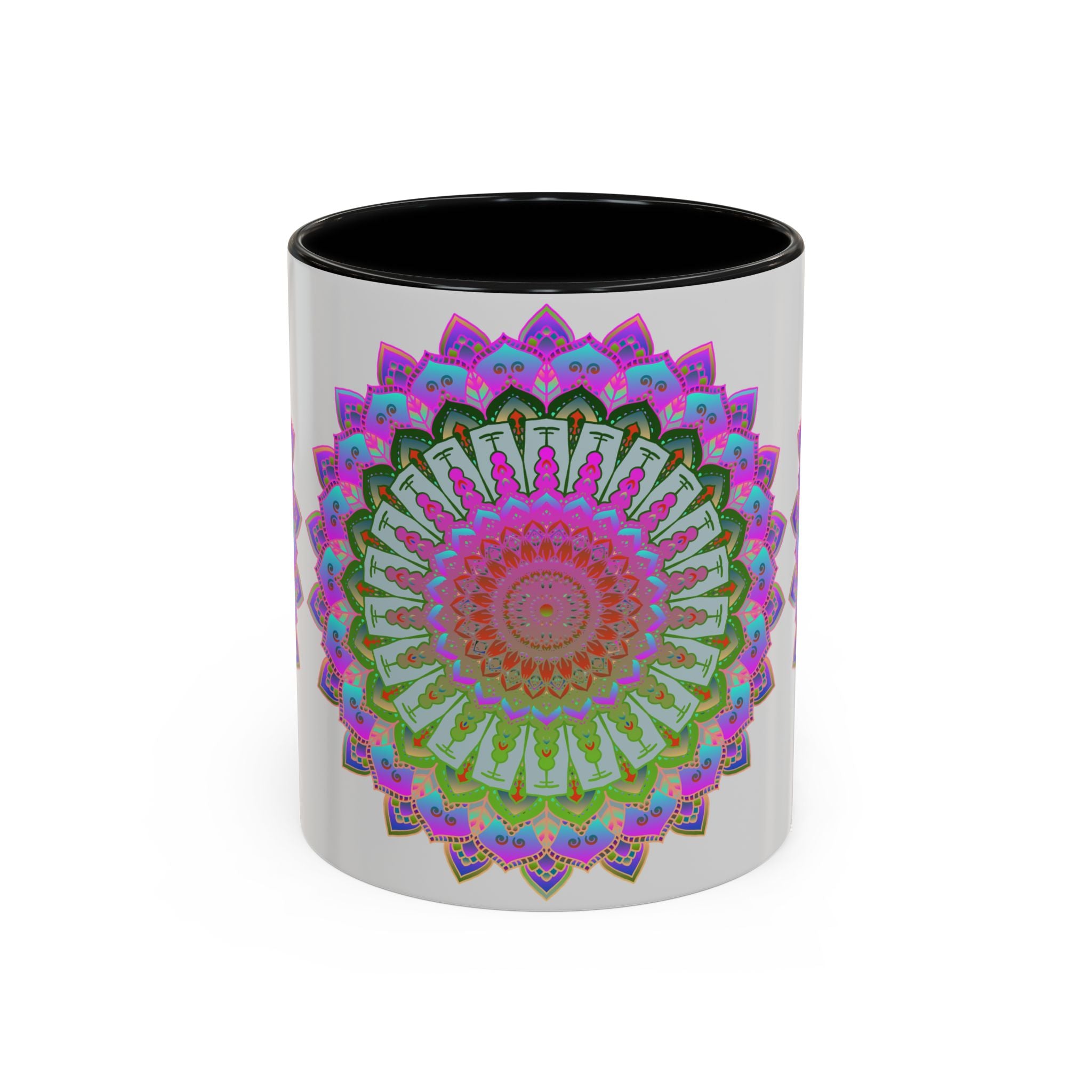 Handcrafted mandala art mug featuring colorful and intricate design