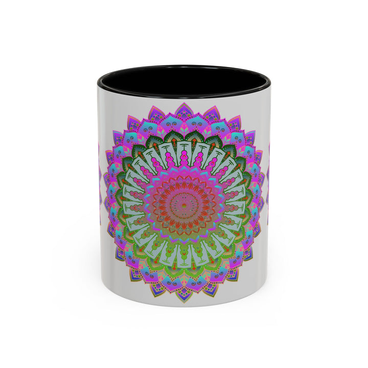 Handcrafted mandala art mug featuring colorful and intricate design