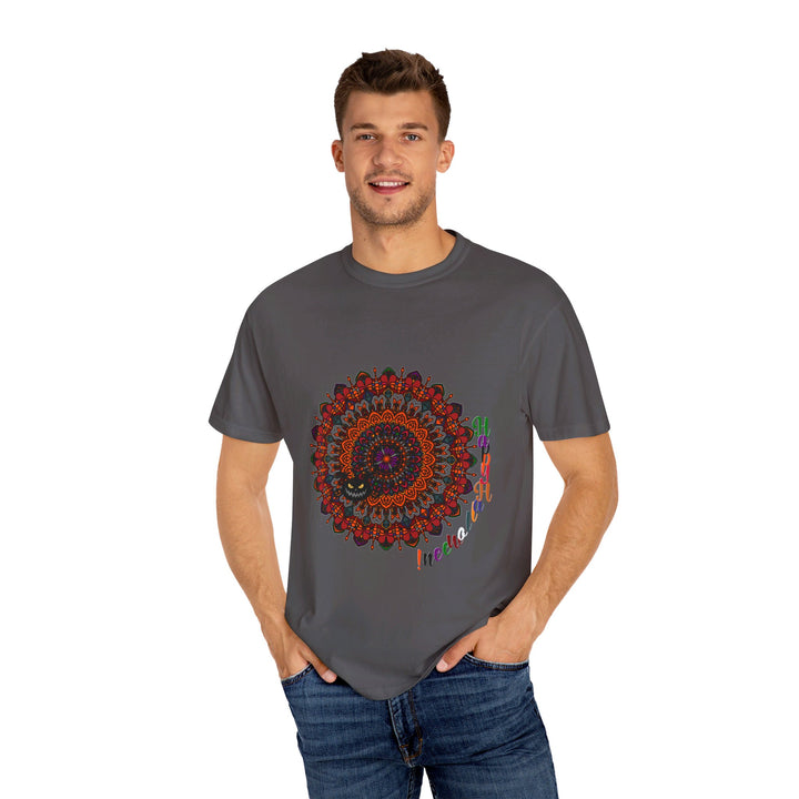 A vibrant garment-dyed tee featuring handmade pumpkin mandala art perfect for Halloween