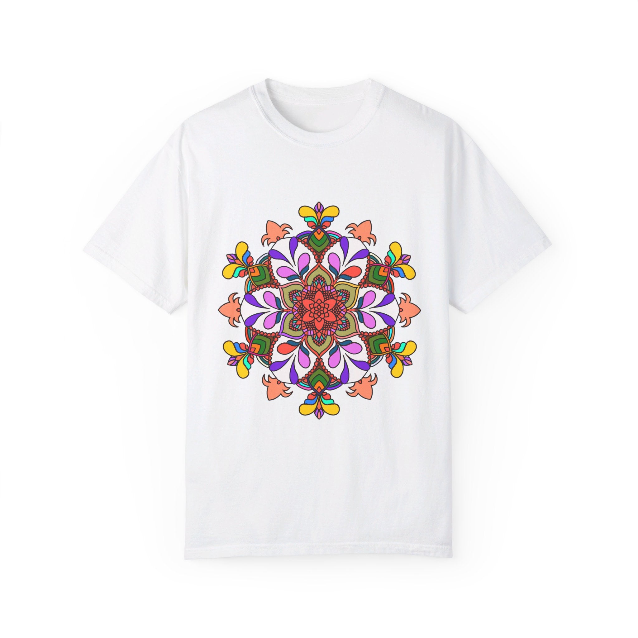 Unisex Mandala T-Shirt featuring intricate hand-drawn mandala art, made from 100% ring-spun cotton and garment-dyed for maximum comfort