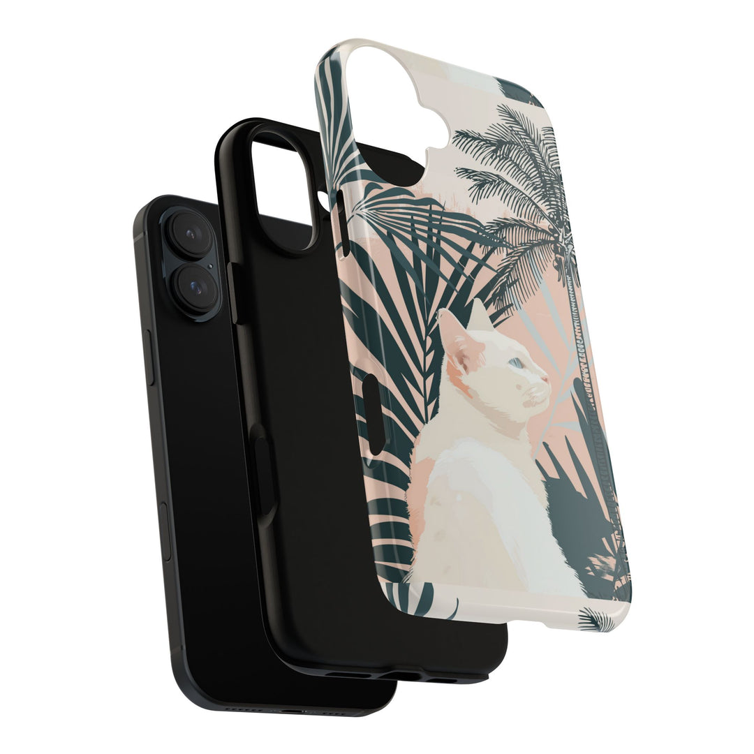 Tropische Katzen-Telefonhülle mit üppigen Palmenmotiven und sanften Pastelltönen