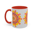 A close-up image of a vibrant mandala mug featuring colorful and intricate art designs