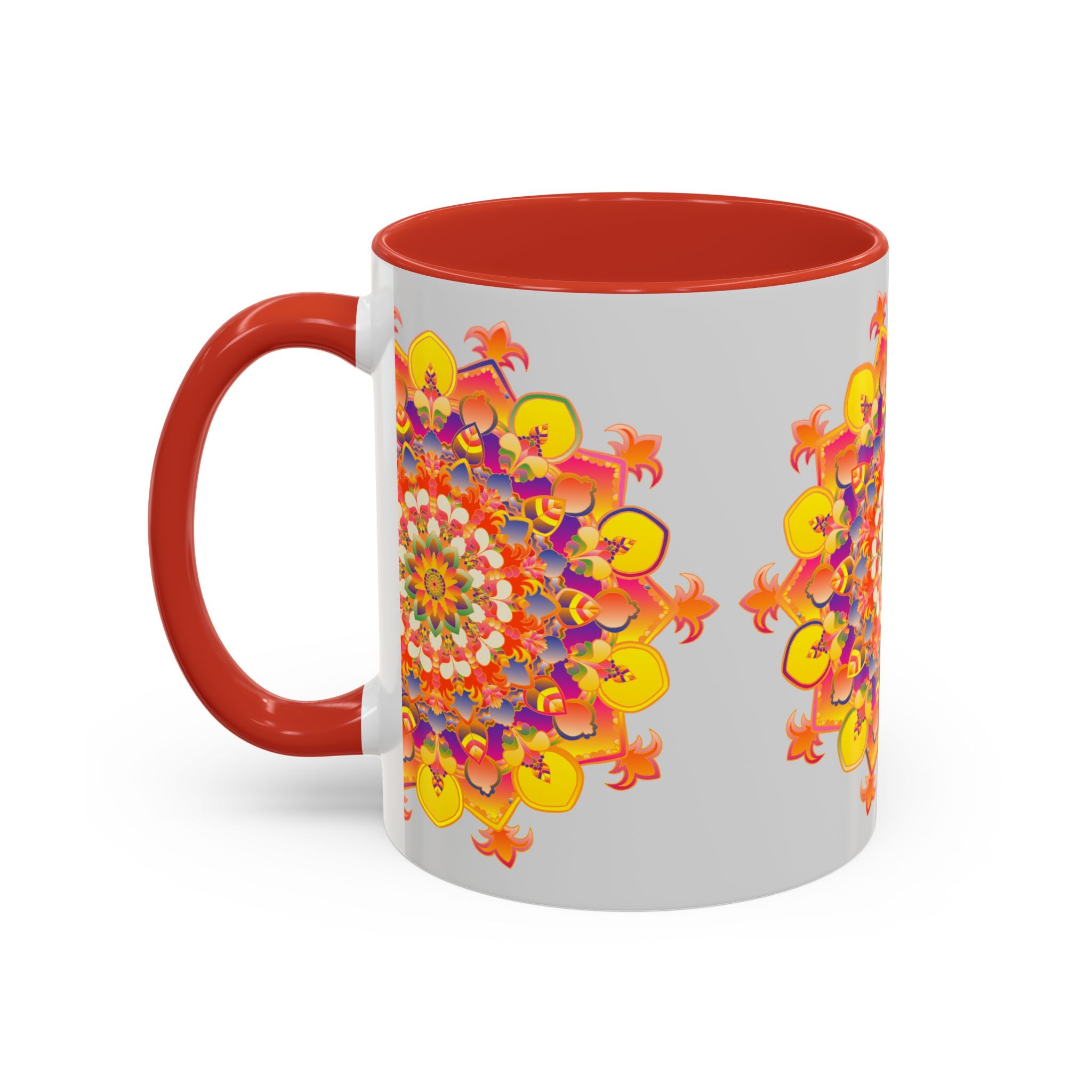 A close-up image of a vibrant mandala mug featuring colorful and intricate art designs