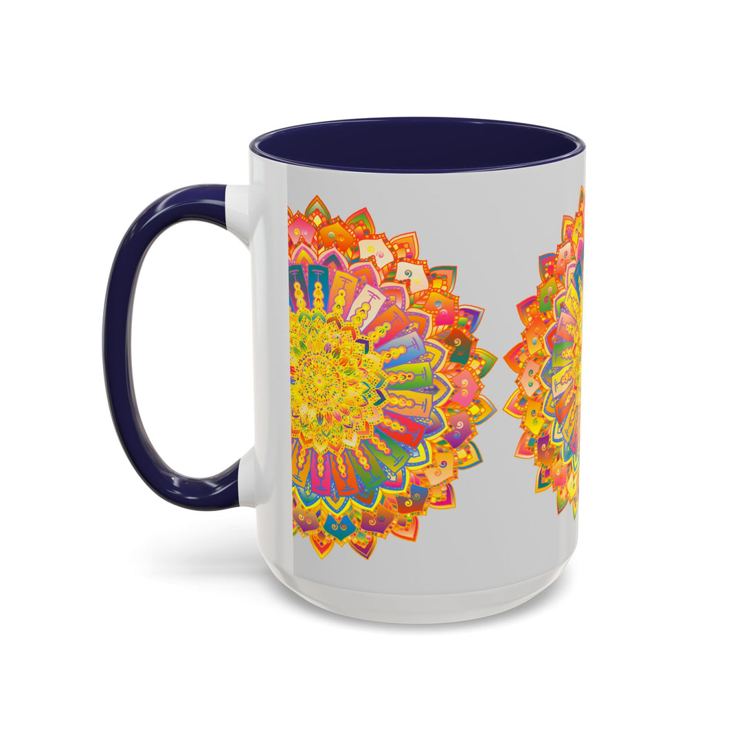 A vibrant and colorful mandala design adorns this grey mug, creating a stunning and eye-catching piece of functional art for your daily coffee or tea