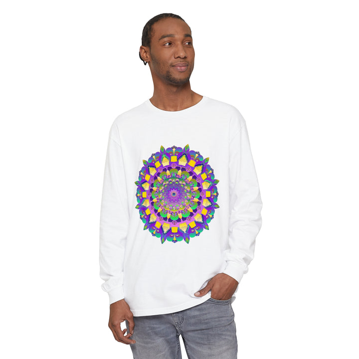 A vibrant and colorful mandala design long sleeve t-shirt for all genders