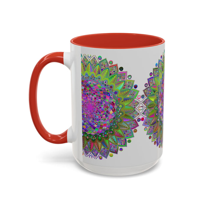 Colorful and intricate psychedelic mandala design featured on a grey mug