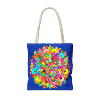 Dark blue tote bag with intricate and colorful mandala art design
