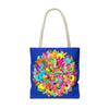 Dark blue tote bag with intricate and colorful mandala art design