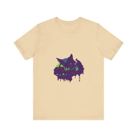Black Cat Mystery t-shirt featuring a vibrant paint splatter design in various colors