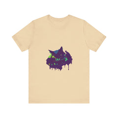 Black Cat Mystery t-shirt featuring a vibrant paint splatter design in various colors