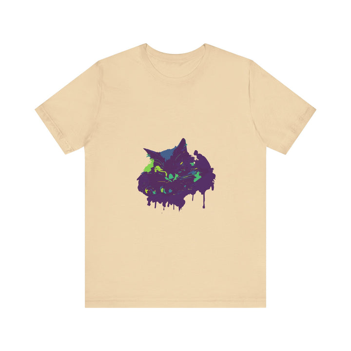 Black Cat Mystery t-shirt featuring a vibrant paint splatter design in various colors